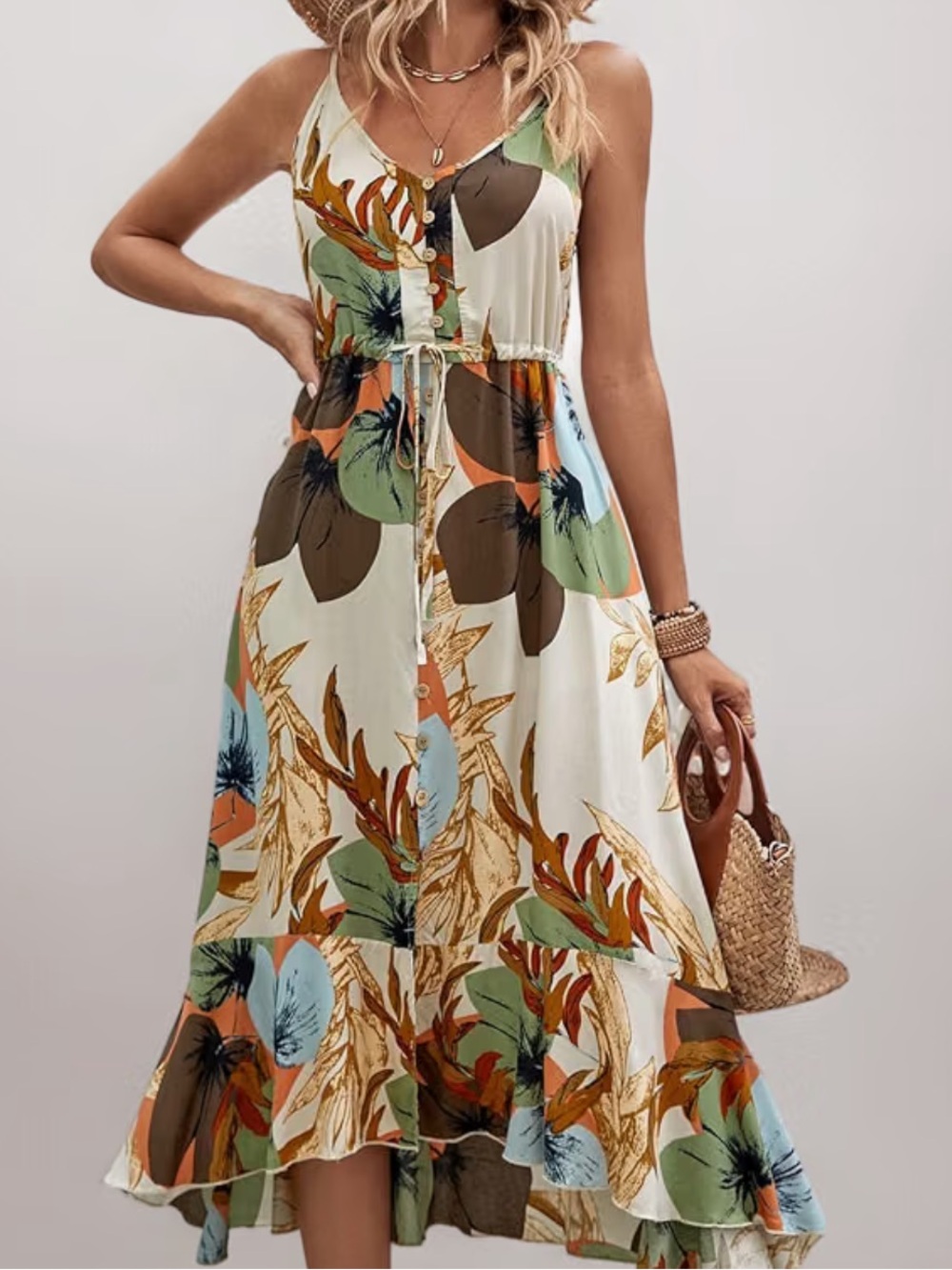 Brovave Sleeveless Tropical Maxi Dress in Coral, Green and Cream NWT Size Large